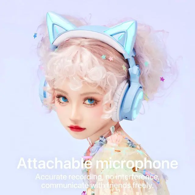 Alt view image 3 of 7 - YOWU RGB Cat Ear Headphone 4, Upgraded Wireless & Wired Gaming Headset with Attachable HD Microphone -Active Noise Reduction, Dual-Channel Stereo & Customizable Lighting and Effect via APP (Blue)
