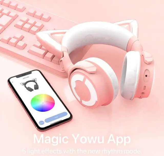 Alt view image 5 of 7 - YOWU RGB Cat Ear Headphone 4, Upgraded Wireless & Wired Gaming Headset with Attachable HD Microphone -Active Noise Reduction, Dual-Channel Stereo & Customizable Lighting and Effect via APP (Pink)