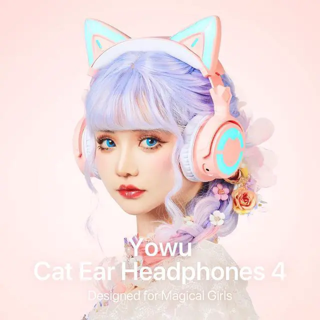 Alt view image 2 of 7 - YOWU RGB Cat Ear Headphone 4, Upgraded Wireless & Wired Gaming Headset with Attachable HD Microphone -Active Noise Reduction, Dual-Channel Stereo & Customizable Lighting and Effect via APP (Pink)