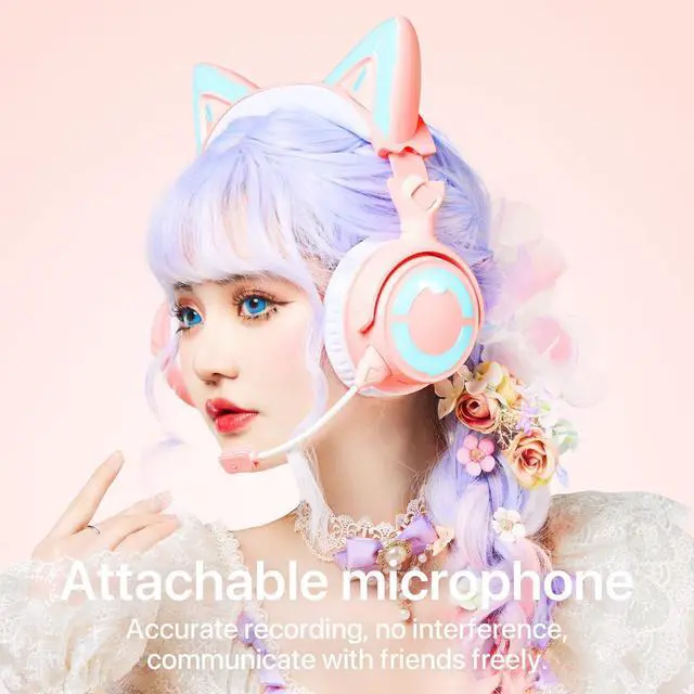 Alt view image 3 of 7 - YOWU RGB Cat Ear Headphone 4, Upgraded Wireless & Wired Gaming Headset with Attachable HD Microphone -Active Noise Reduction, Dual-Channel Stereo & Customizable Lighting and Effect via APP (Pink)