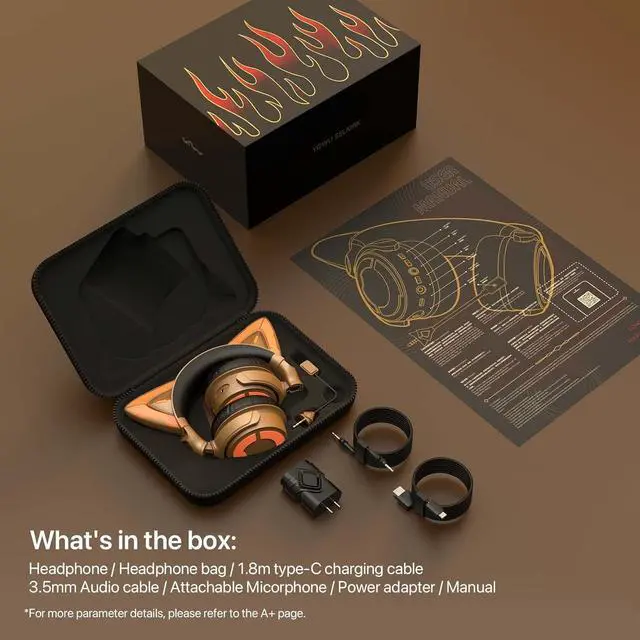 Alt view image 7 of 7 - YOWU RGB Cat Ear Headphone 4, Upgraded Wireless & Wired Gaming Headset with Attachable HD Microphone -Active Noise Reduction, Dual-Channel Stereo & Customizable Lighting and Effect via APP (Gold)