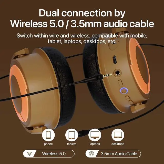 Alt view image 5 of 7 - YOWU RGB Cat Ear Headphone 4, Upgraded Wireless & Wired Gaming Headset with Attachable HD Microphone -Active Noise Reduction, Dual-Channel Stereo & Customizable Lighting and Effect via APP (Gold)