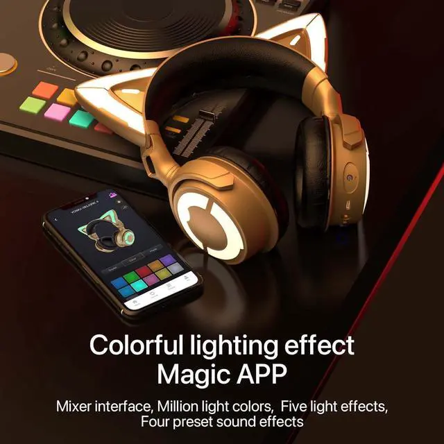 Alt view image 6 of 7 - YOWU RGB Cat Ear Headphone 4, Upgraded Wireless & Wired Gaming Headset with Attachable HD Microphone -Active Noise Reduction, Dual-Channel Stereo & Customizable Lighting and Effect via APP (Gold)