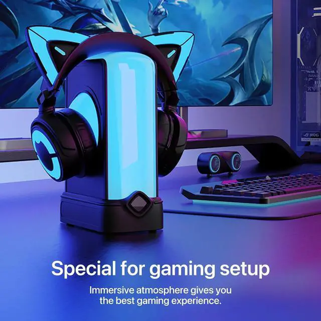 Alt view image 2 of 5 - YOWU Crystal Headphone Stand - 3 in 1 Multiport Dock Headest Stand with 10 Magical Light Modes - RGB Headphone Holder for Desk.Compatible with AirPods Max,etc Black