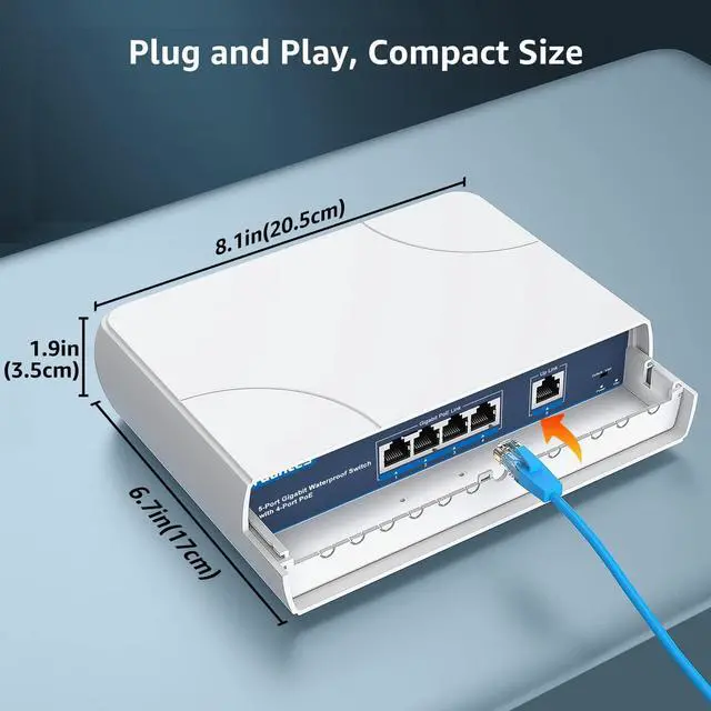 Alt view image 7 of 7 - 4-Port PoE Switch Gigabit- Waterproof Outdoor Ethernet Unmanaged Network Switch with VLAN Function, 78W Built-in Power, IEEE802.3af/at Support and Plug & Play, Ideal for Outdoor Use