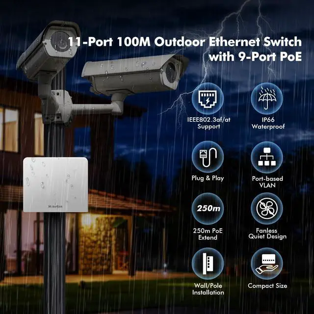 Alt view image 2 of 7 - 11 Port Outdoor PoE Switch with 9 Port PoE+, 2 Ethernet UpLink, 10/100Mbps, 120W 802.3af/at PoE, Weatherproof Fanless Plug & Play Network Switch