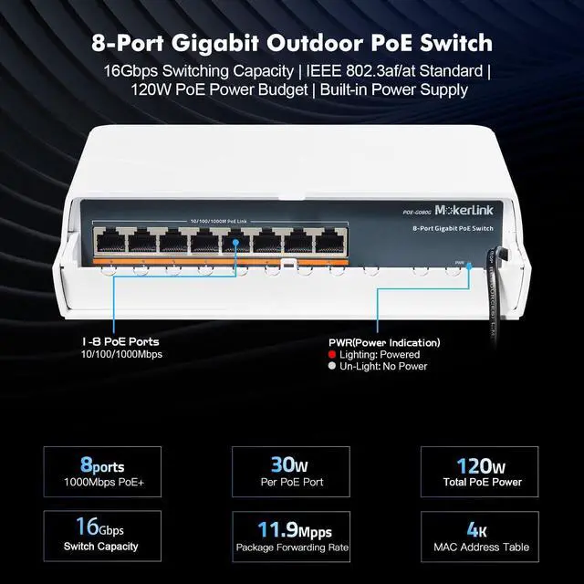 Alt view image 6 of 7 - 8 Port Outdoor Gigabit PoE Switch, 8 PoE+ Ports 1000Mbps, 802.3af/at 120W, Weatherproof Fanless Unmanaged Plug and Play