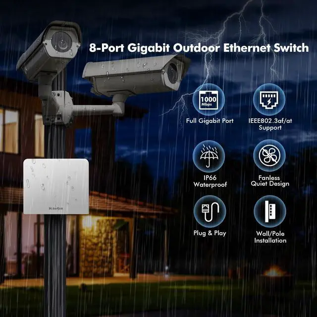 Alt view image 2 of 7 - 8 Port Outdoor Gigabit PoE Switch, 8 PoE+ Ports 1000Mbps, 802.3af/at 120W, Weatherproof Fanless Unmanaged Plug and Play