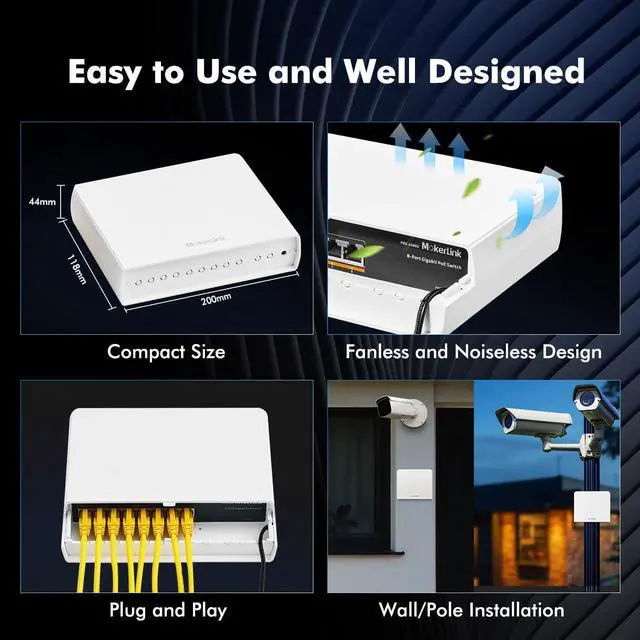 Alt view image 5 of 7 - 8 Port Outdoor Gigabit PoE Switch, 8 PoE+ Ports 1000Mbps, 802.3af/at 120W, Weatherproof Fanless Unmanaged Plug and Play