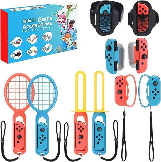 Main image of Nintendo Switch Sports Accessories Bundle, 10 in 1 Family Sports Game Accessories Kit for Switch OLED, Joycon Grip for Hand Strap & Leg Strap,Chambara,Bowling Grip and Tennis/Badminton Rackets