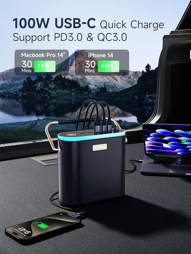 Alt view image 4 of 6 - 80,000mAh Power Bank 130W Portable Power Station with Digital Display, Lighting, USB C 5-Port Support Solar Recharge for Outdoor Camping,Laptop,Emergency Backup(296Wh)