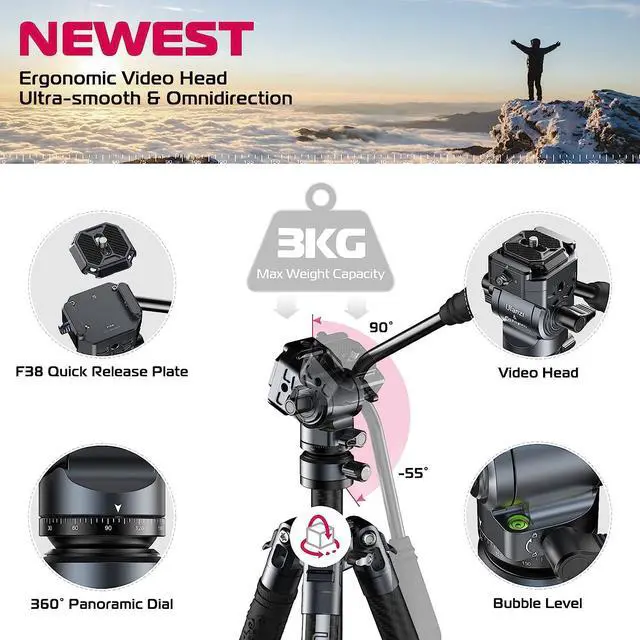 Alt view image 2 of 7 - ULANZI Video Travel Tripod, 61.4" Lightweight Carbon Fiber Camera Tripod with Quick Release 1/4" Screw & Video Head, for Most Cameras/DSLR/Projector, Weight 2.38lbs, Maxload 22lbs