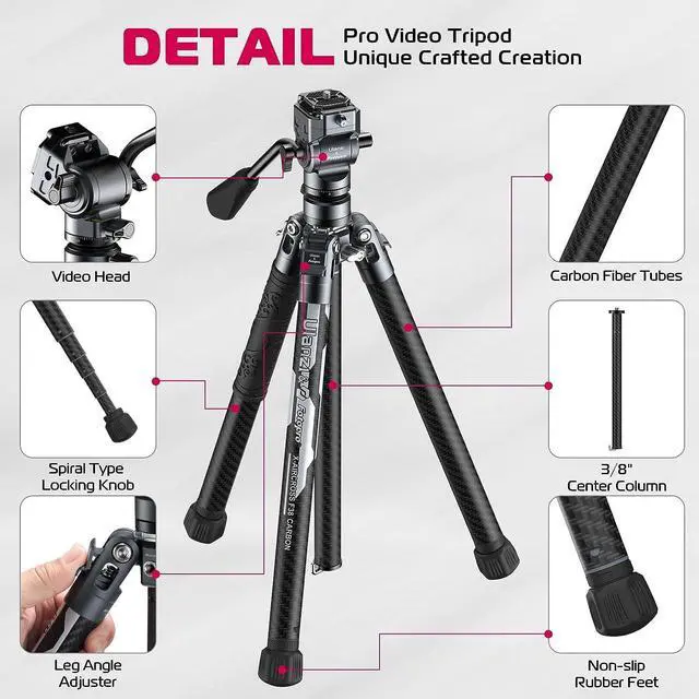 Alt view image 4 of 7 - ULANZI Video Travel Tripod, 61.4" Lightweight Carbon Fiber Camera Tripod with Quick Release 1/4" Screw & Video Head, for Most Cameras/DSLR/Projector, Weight 2.38lbs, Maxload 22lbs