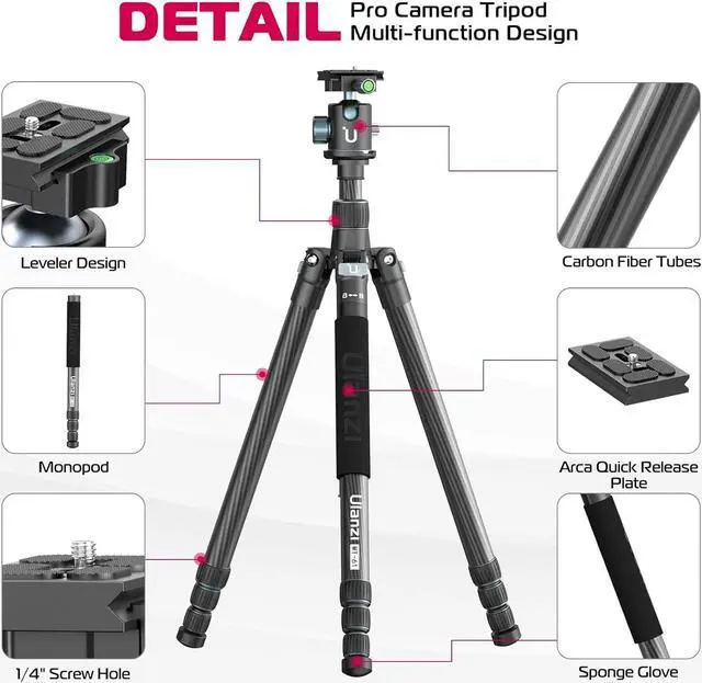 Alt view image 3 of 7 - ULANZI Professional Camera Tripod, 68.5" Lightweight Carbon Fiber Trabel Tripod with Arca Quick Release 1/4" Screw & 360° Ballhead, for Most Cameras/DSLR/Projector, Weight 3.55lbs, Maxload 33lbs