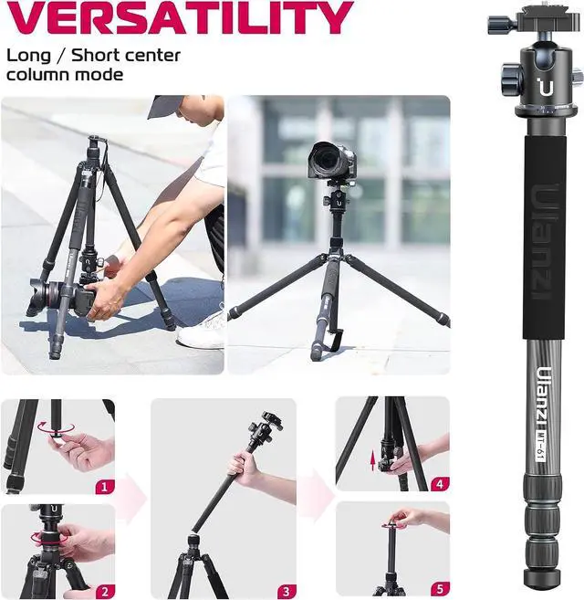Alt view image 6 of 7 - ULANZI Professional Camera Tripod, 68.5" Lightweight Carbon Fiber Trabel Tripod with Arca Quick Release 1/4" Screw & 360° Ballhead, for Most Cameras/DSLR/Projector, Weight 3.55lbs, Maxload 33lbs