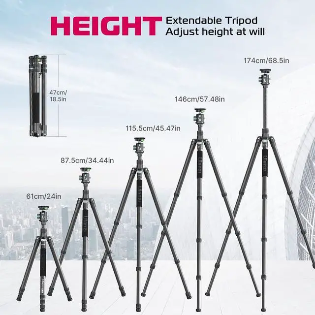 Alt view image 5 of 7 - ULANZI Professional Camera Tripod, 68.5" Lightweight Carbon Fiber Trabel Tripod with Arca Quick Release 1/4" Screw & 360° Ballhead, for Most Cameras/DSLR/Projector, Weight 3.55lbs, Maxload 33lbs