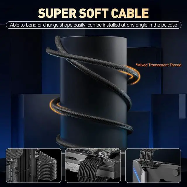 Alt view image 5 of 6 - Power Supply Sleeved Cable, 16 AWG PSU Extension Cable Kit of White Connector, 1x24Pin/2x4+4 EPS/3x6+2 PCI-E, 30cm Length with Combs - Black