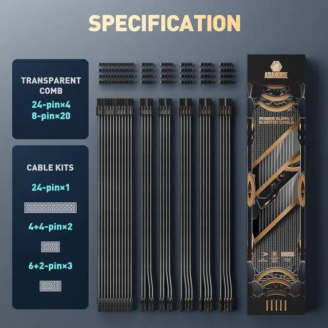 Alt view image 2 of 6 - Power Supply Sleeved Cable, 16 AWG PSU Extension Cable Kit of White Connector, 1x24Pin/2x4+4 EPS/3x6+2 PCI-E, 30cm Length with Combs - Black