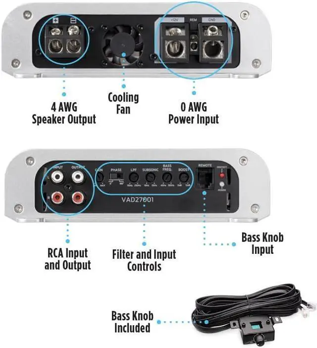 Alt view image 2 of 7 - NVX VAD27001 2700W RMS Class D Monoblock Car/Marine/Powersports Amplifier with Bass Remote (Marine Certified)