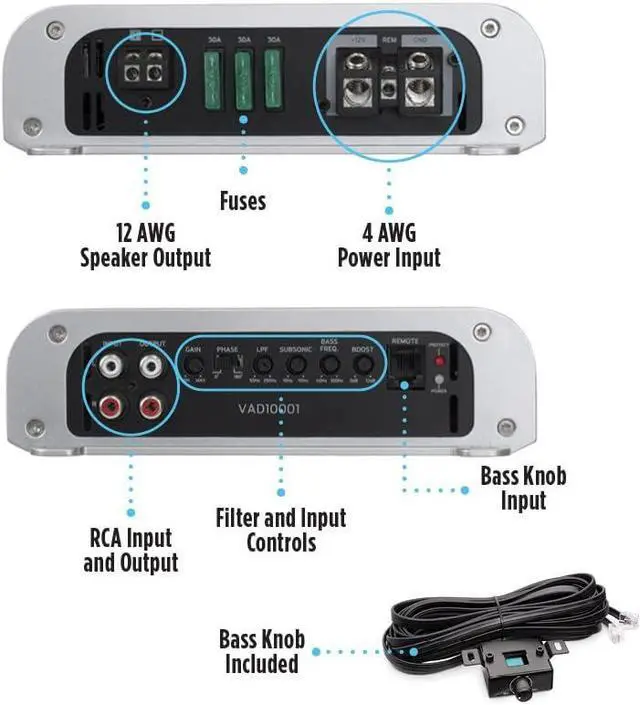 Alt view image 2 of 5 - NVX VAD10001 1000W RMS Class D Monoblock Car/Marine/Powersports Amplifier with Bass Remote (Marine Certified)