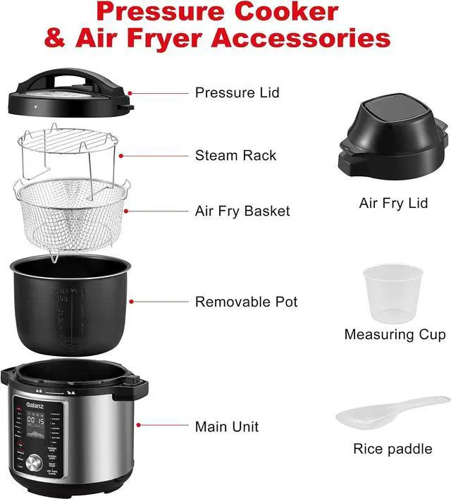Alt view image 6 of 7 - Galanz 12-in-1 Electric Pressure Cooker & Air Fryer with 12 Preset Programs Including Slow Cook, AirFry, Dehydrate, Rice, Grill, Roast, Steam, Beans, Stew, Warm, 6 Qt, 1000W/1500W, Stainless Steel