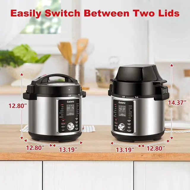 Alt view image 7 of 7 - Galanz 12-in-1 Electric Pressure Cooker & Air Fryer with 12 Preset Programs Including Slow Cook, AirFry, Dehydrate, Rice, Grill, Roast, Steam, Beans, Stew, Warm, 6 Qt, 1000W/1500W, Stainless Steel