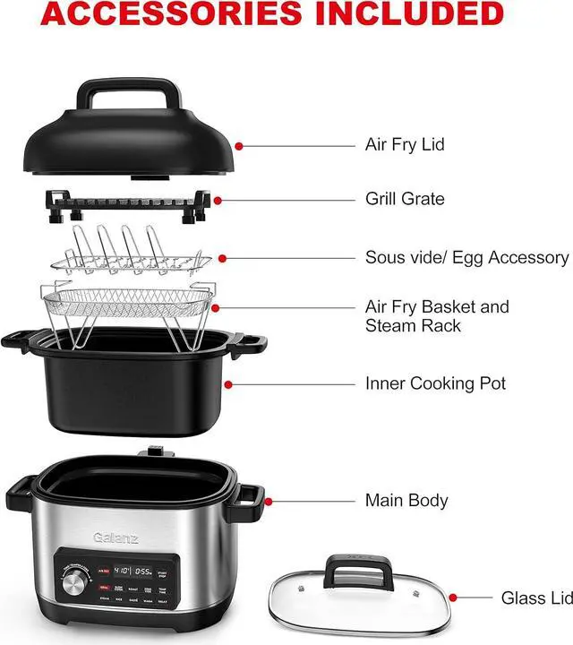 Alt view image 6 of 7 - Galanz 8-in-1 Multi Cooker with Air Fry, Sous Vide, Rice, Sauté, Slow Cook, Steam, Roast, & Grill - Removable 8 QT Cooking Bowl, 8 Pre-Set Programs, Stainless Steel