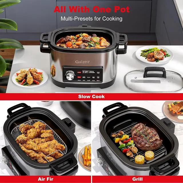 Alt view image 2 of 7 - Galanz 8-in-1 Multi Cooker with Air Fry, Sous Vide, Rice, Sauté, Slow Cook, Steam, Roast, & Grill - Removable 8 QT Cooking Bowl, 8 Pre-Set Programs, Stainless Steel