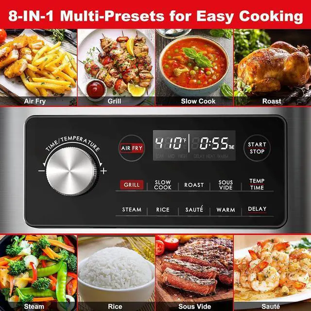 Alt view image 3 of 7 - Galanz 8-in-1 Multi Cooker with Air Fry, Sous Vide, Rice, Sauté, Slow Cook, Steam, Roast, & Grill - Removable 8 QT Cooking Bowl, 8 Pre-Set Programs, Stainless Steel
