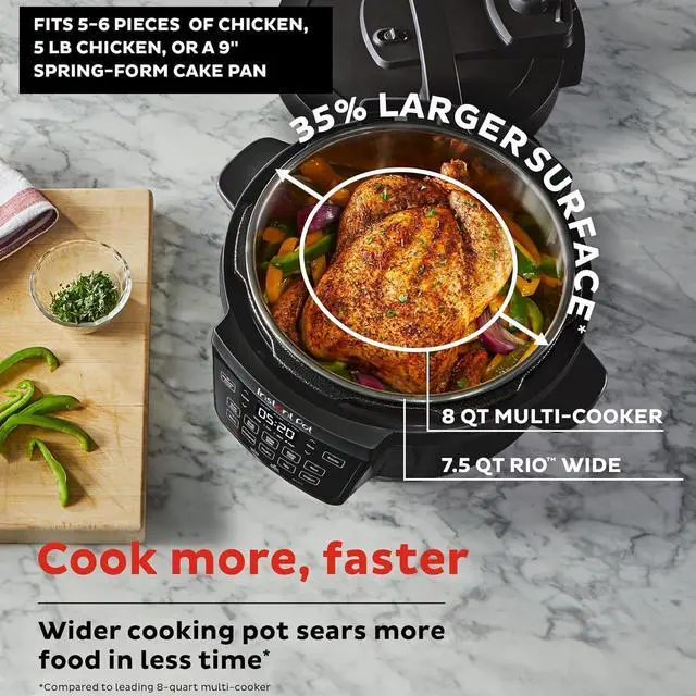 Alt view image 3 of 7 - Instant Pot RIO Wide Base, 7.5 Quarts, Large Searing Base, WhisperQuiet Steam Release, 7-in-1 Electric Multi-Cooker, Pressure Cooker, Slow Cooker, Rice Cooker, Steamer, Sauté, Yogurt & Warmer