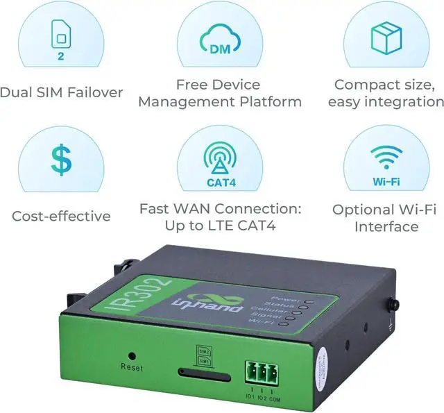 Alt view image 6 of 7 - InHand Networks IR302 Industrial IoT LTE 4G VPN Router,LTE Cat 1+ Wi-Fi, Dual sim Card Slots, Management by Cloud Platform, DI/DO Port, Support T-Mobile, AT&T & Verizon, UL Certification