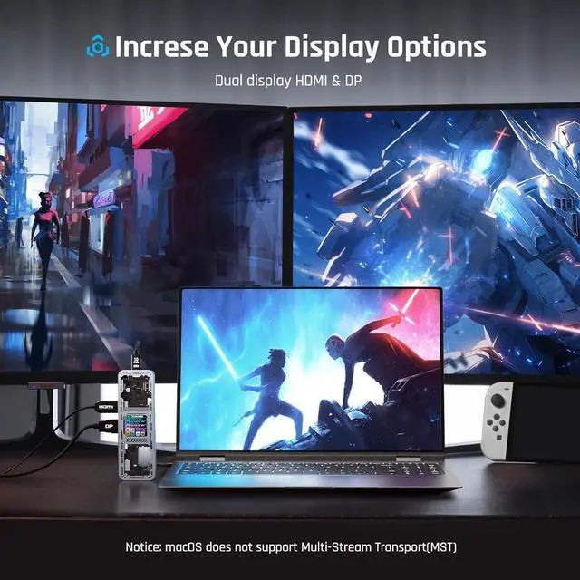 Alt view image 3 of 7 - USB C Hub (10-in-1) with 4K@60Hz HDMI and DP, Gigabit Ethernet, 1 USB-C and 3 USB-A Ports, 100w PD Power Delivery, UHS-II TF/SD Card Slot for MacBook Air/Pro, XPS, and More