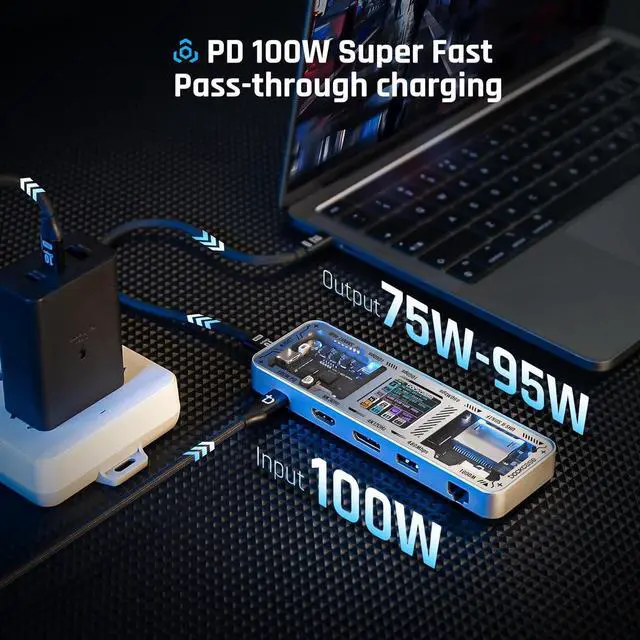 Alt view image 5 of 7 - USB C Hub (10-in-1) with 4K@60Hz HDMI and DP, Gigabit Ethernet, 1 USB-C and 3 USB-A Ports, 100w PD Power Delivery, UHS-II TF/SD Card Slot for MacBook Air/Pro, XPS, and More