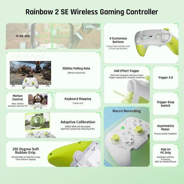 Alt view image 2 of 7 - PC Controllers for Gaming, BIGBIG WON Rainbow 2 SE Wireless Controller Motion Aim, Hall Effect Trigger, 12-bit ADC, 3 Sets Joysticks, 4-way&8-way D-pad Controller for Switch/PC/Android/iOS