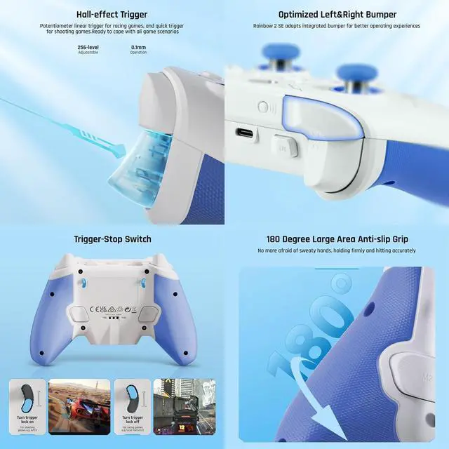 Alt view image 6 of 7 - PC Controllers for Gaming, BIGBIG WON Rainbow 2 SE Wireless Controller Motion Aim, Hall Effect Trigger, 12-bit ADC, 3 Sets Joysticks, 4-way&8-way D-pad Controller for Switch/PC/Android/iOS Blue