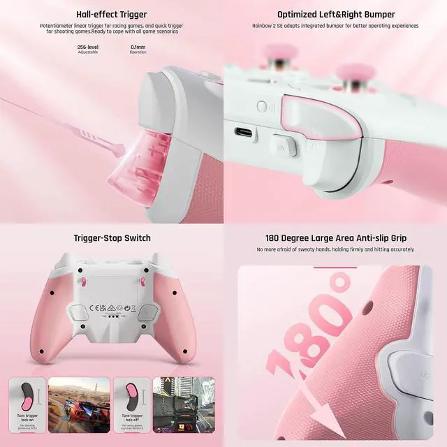 Alt view image 6 of 7 - PC Controllers for Gaming, BIGBIG WON Rainbow 2 SE Wireless Controller Motion Aim, Hall Effect Trigger, 12-bit ADC, 3 Sets Joysticks, 4-way&8-way D-pad Controller for Switch/PC/Android/iOS Pink