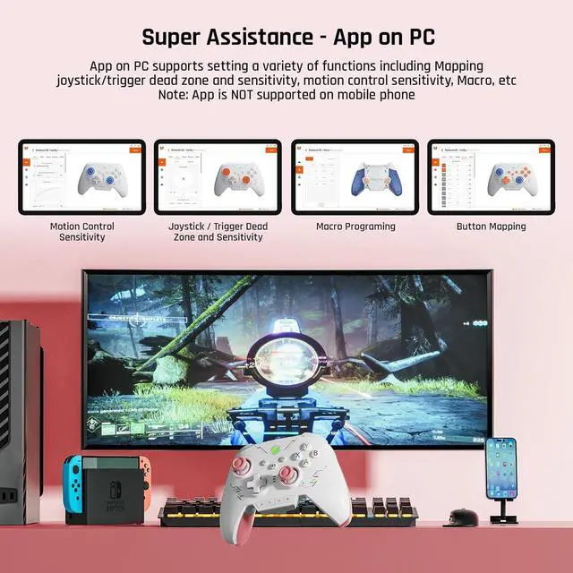 Alt view image 7 of 7 - PC Controllers for Gaming, BIGBIG WON Rainbow 2 SE Wireless Controller Motion Aim, Hall Effect Trigger, 12-bit ADC, 3 Sets Joysticks, 4-way&8-way D-pad Controller for Switch/PC/Android/iOS Pink