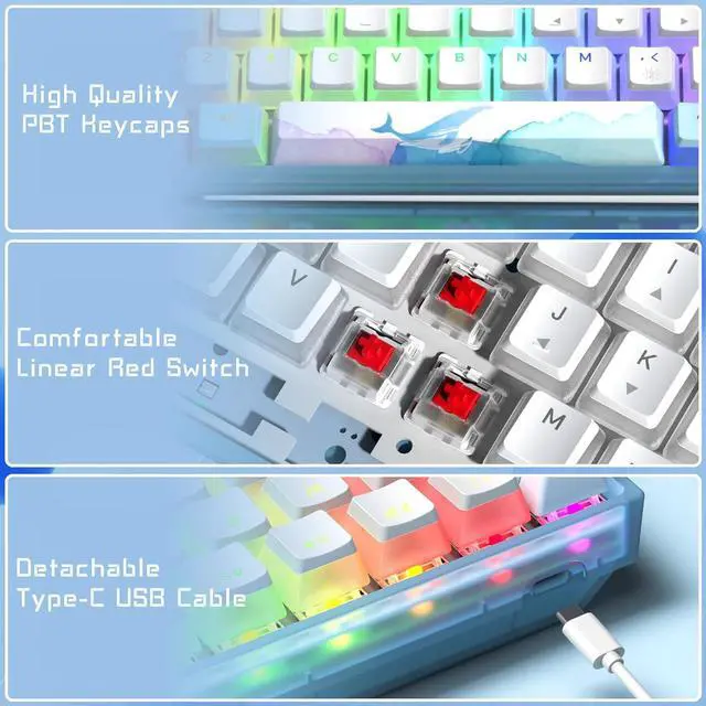 Alt view image 3 of 7 - 60% Percent Keyboard, Mechanical RGB Wired Gaming Keyboard, Hot-Swappable Blue Ice Whale Keyboard with PBT Keycaps for Windows PC Gamers - Linear Red Switch