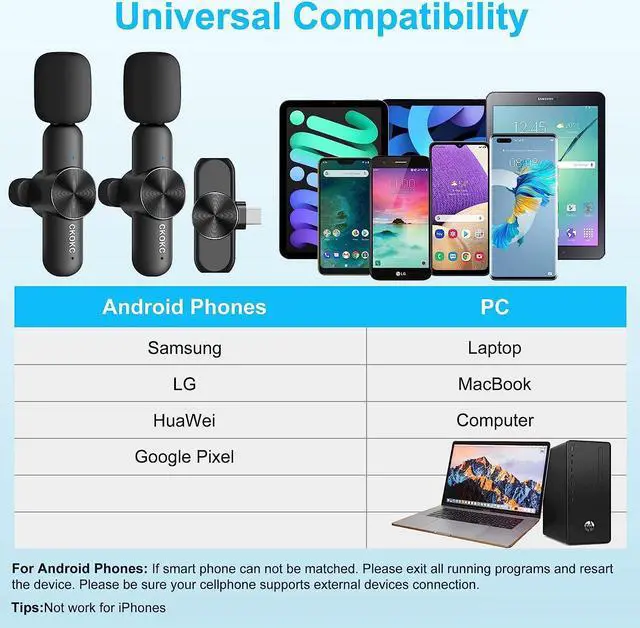 Alt view image 3 of 7 - Wireless Microphones for Android Phone & Computer/Laptop, Mini Professional Wireless Lavalier Microphone for Video Recording Podcast Cordless Lapel Mic with USB C