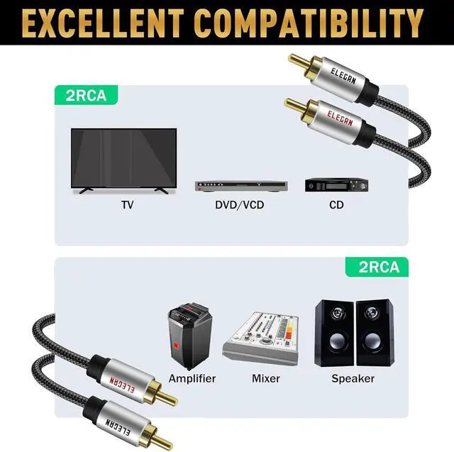 Alt view image 6 of 6 - Premium RCA Cable 50 Ft (Hi-Fi Sound-16 AWG-Shielded) 2 RCA Male to 2 RCA Male Stereo Audio Cable, Gold Plated-Aluminum Alloy Shell-Pure Copper-Braided RCA Cord for Home Theater Speakers +Ties