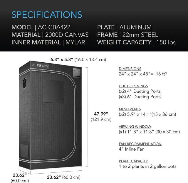 Alt view image 6 of 7 - AC Infinity CLOUDLAB 422 Advance Grow Tent, 24x24x48 Thickest 1 in. Poles, Highest Density 2000D Diamond Mylar Canvas, 2x2 for Hydroponics Indoor Growing