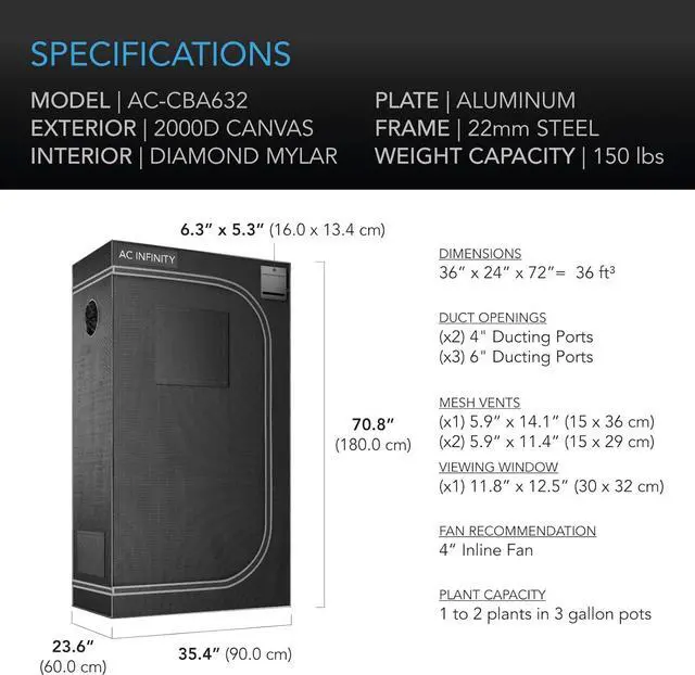 Alt view image 6 of 7 - AC Infinity CLOUDLAB 632 Advance Grow Tent, 36x24x72 Thickest 1 in. Poles, Highest Density 2000D Diamond Mylar Canvas, Controller Mount for Hydroponics Indoor Growing