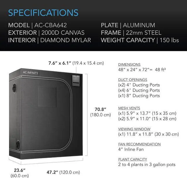 Alt view image 6 of 7 - AC Infinity CLOUDLAB 642 Advance Grow Tent, 48x24x72 Thickest 1 in. Poles, Highest Density 2000D Diamond Mylar Canvas, 4x2 for Hydroponics Indoor Growing