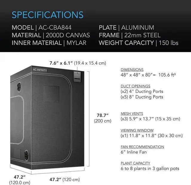 Alt view image 6 of 7 - AC Infinity CLOUDLAB 844 Advance Grow Tent, 48x48x80 Thickest 1 in. Poles, Highest Density 2000D Diamond Mylar Canvas, 4x4 for Hydroponics Indoor Growing