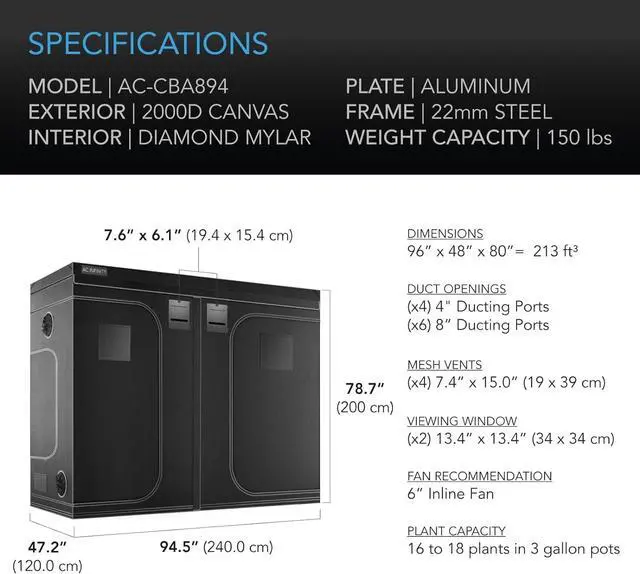 Alt view image 6 of 7 - Advance Grow Tent, 96x48x80 Thickest 1 in. Poles, Highest Density 2000D Diamond Mylar Canvas, 8x4 for Hydroponics Indoor Growing