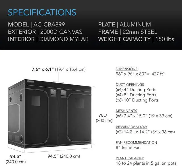 Alt view image 6 of 7 - Advance Grow Tent, 96"x96"x80" Thickest 1 in. Poles, Highest Density 2000D Diamond Mylar Canvas, 8x8 for Hydroponics Indoor Growing