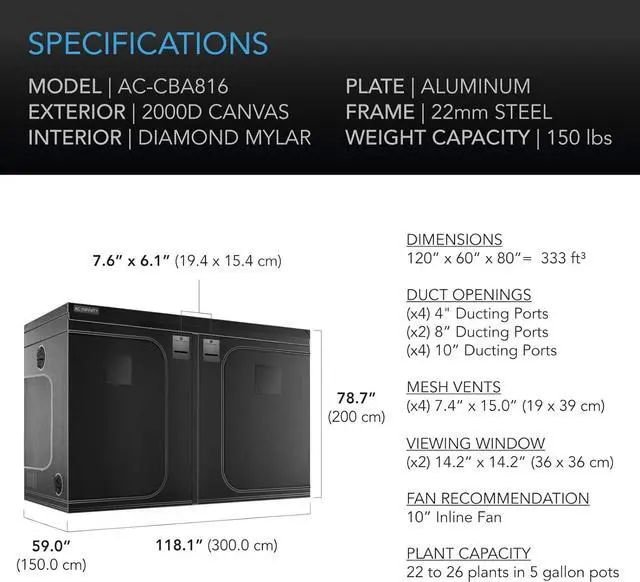 Alt view image 6 of 7 - Advance Grow Tent, 120"x60"x80" Thickest 1 in. Poles, Highest Density 2000D Diamond Mylar Canvas, 10x5 for Hydroponics Indoor Growing