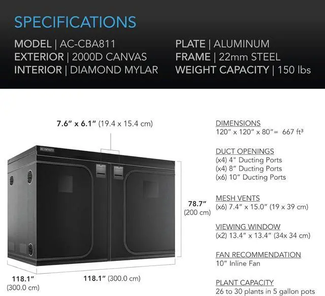Alt view image 6 of 7 - Advance Grow Tent, 120"x120"x80" Thickest 1 in. Poles, Highest Density 2000D Diamond Mylar Canvas, 10x10 for Hydroponics Indoor Growing