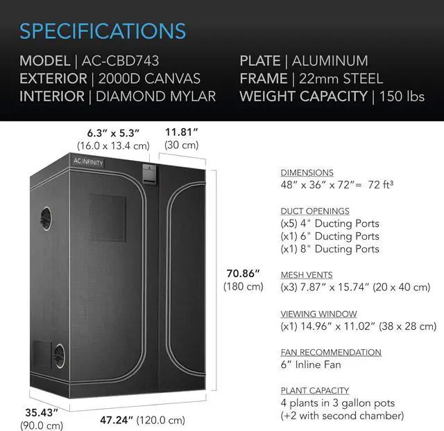 Alt view image 6 of 7 - 2-in-1 Advance Grow Tent, 48x36x72 Thickest 1 in. Poles, Highest Density 2000D Diamond Mylar Canvas, 4x3 for Hydroponics Indoor Growing