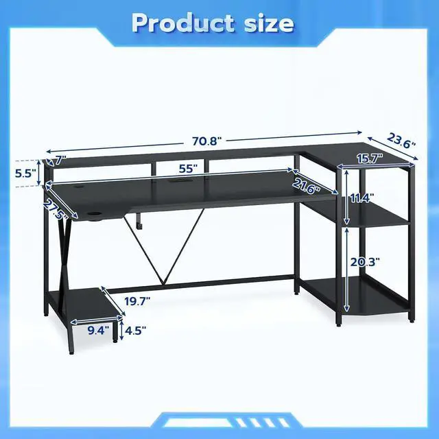 Alt view image 2 of 7 - Gaming Desk 70.8'' with LED Lights and Storage Shelves, Computer Desk with Monitor Stand, Power Outlets and Cup Holder, Large PC Gamer Desk, Gaming Table for Bedroom, Living Room - Black